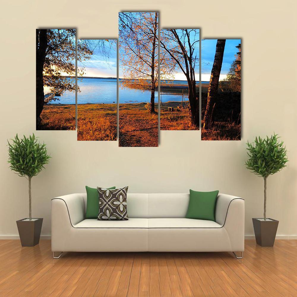 Decline In Autumn Wood About Lake Canvas Wall Art-5 Pop-Gallery Wrap-47" x 32"-Tiaracle