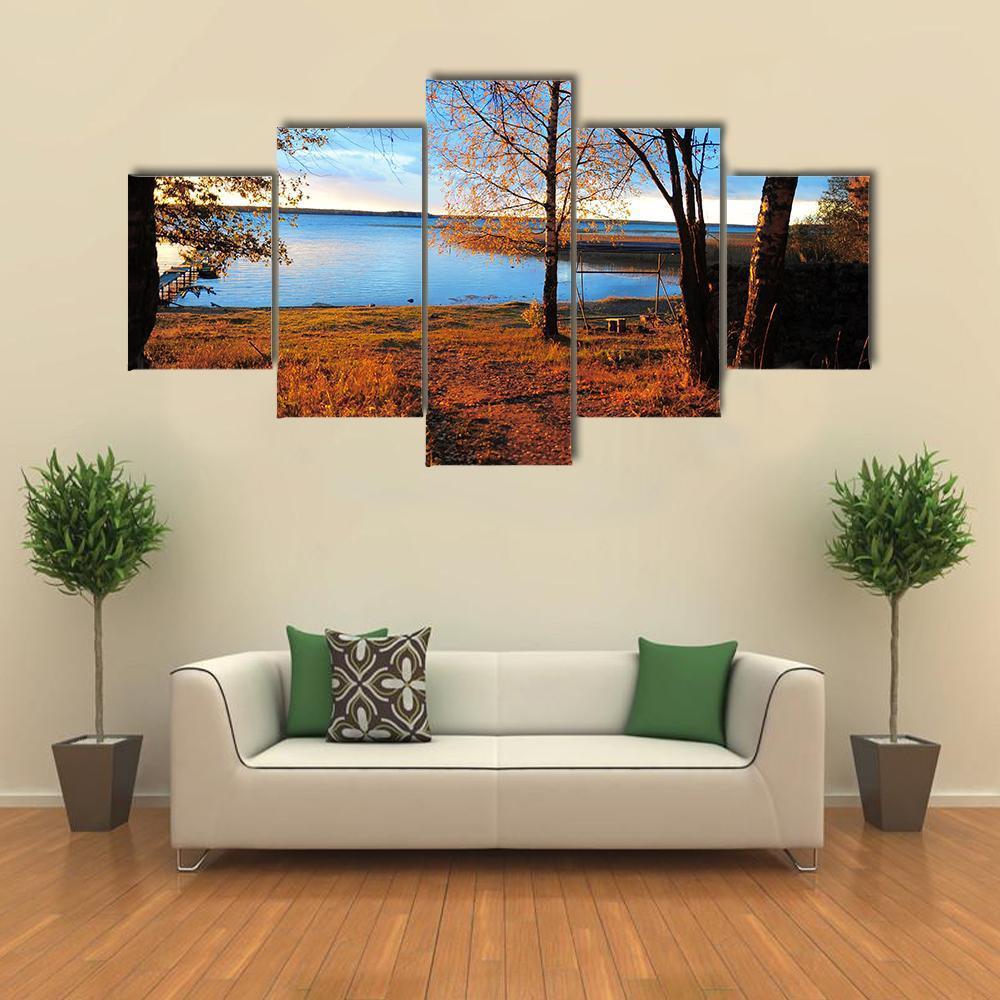 Decline In Autumn Wood About Lake Canvas Wall Art-5 Star-Gallery Wrap-62" x 32"-Tiaracle