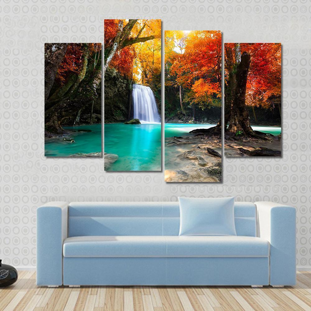 Deep Forest Waterfall Canvas Wall Art-4 Pop-Gallery Wrap-50&quot; x 32&quot;-Tiaracle
