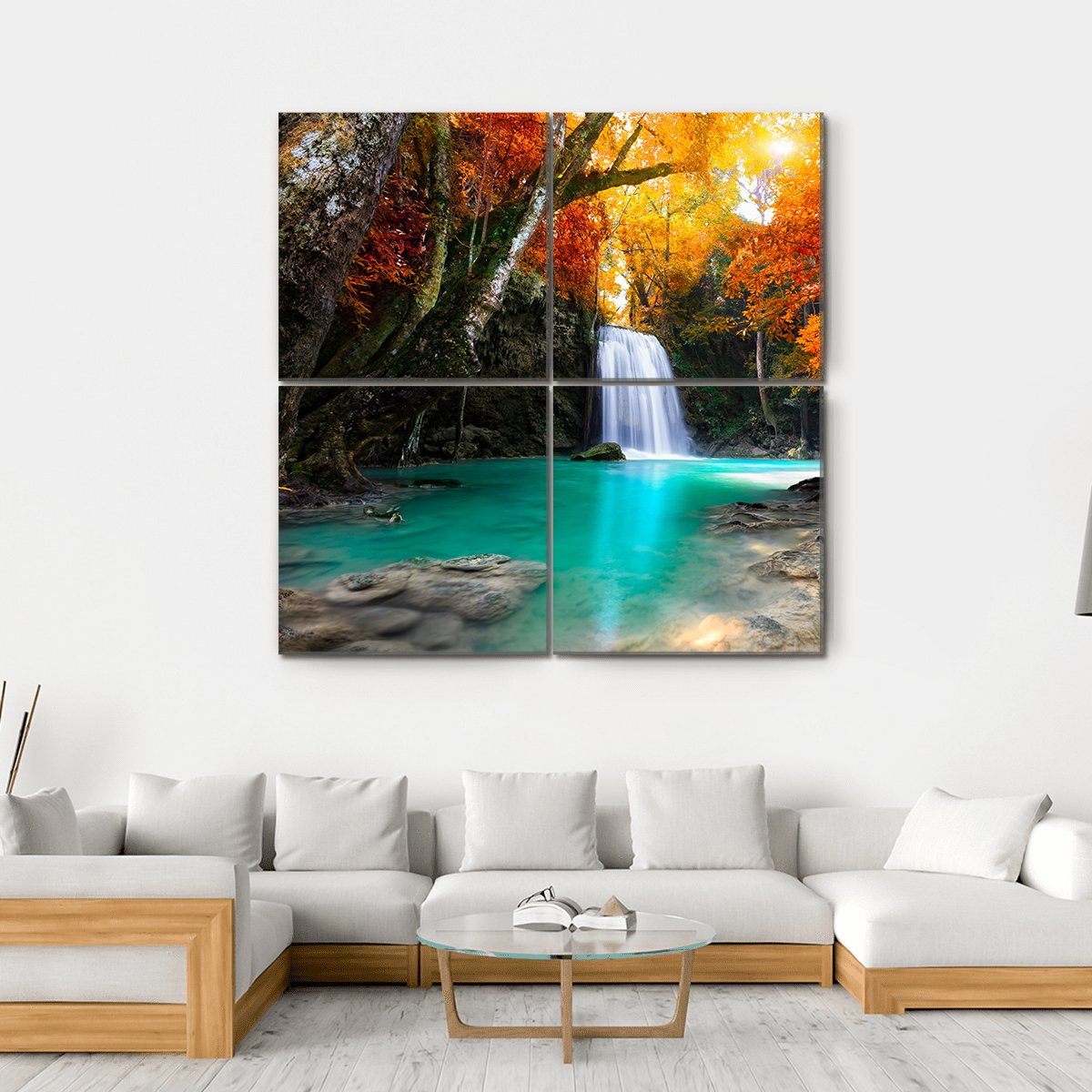 Deep Forest Waterfall Canvas Wall Art-4 Square-Gallery Wrap-17" x 17"-Tiaracle