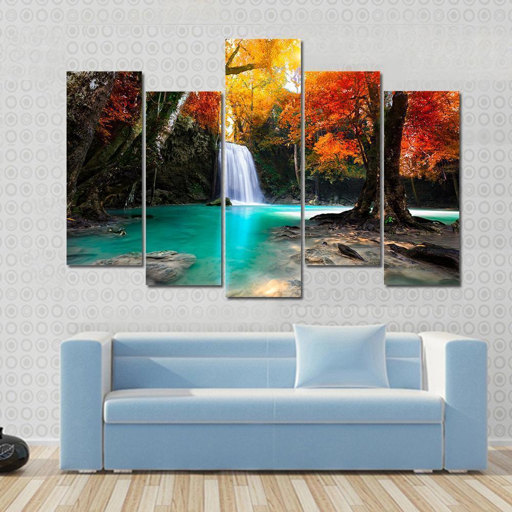 Deep Forest Waterfall Canvas Wall Art-5 Pop-Gallery Wrap-47&quot; x 32&quot;-Tiaracle