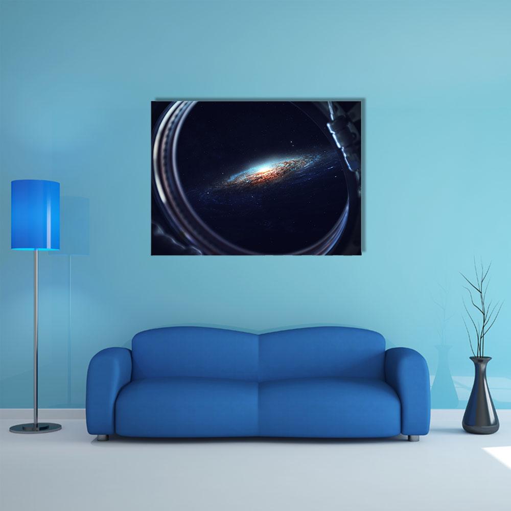 Spiral Galaxy Through Spacecraft Porthole Canvas Wall Art in black and blue, single panel hung on a wall