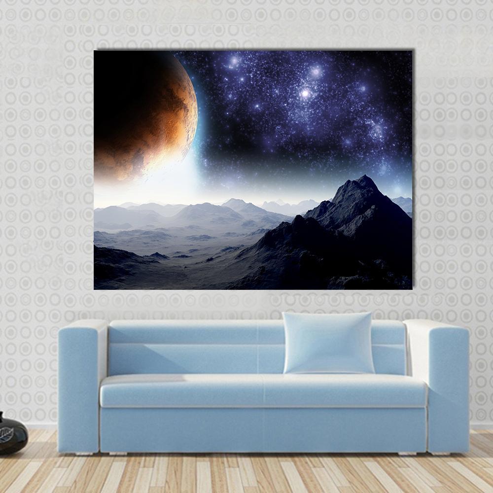 Deep Space Illusion Canvas Wall Art in black, blue and purple, single panel hung on a wall