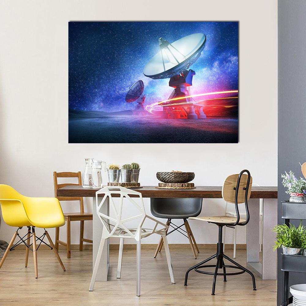 Radio Telescopes Under the Milky Way Canvas Wall Art in black, blue and purple, single panel hung on a wall