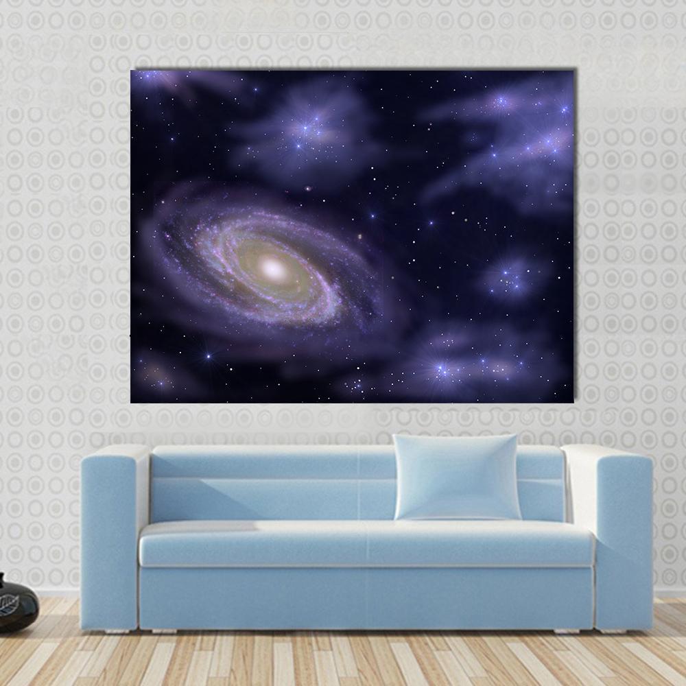 Deep Space Spiral Galaxy Canvas Wall Art in black, blue and purple, single panel hung on a wall