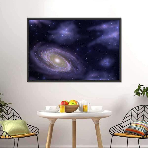 Deep Space Spiral Galaxy Canvas Wall Art in black, blue and purple, framed canvas, product view on a white background