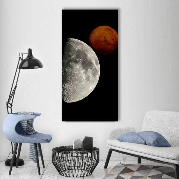 Moon and Mars in Deep Space Vertical Canvas Wall Art in black, gray and orange, single vertical panel hung on a wall