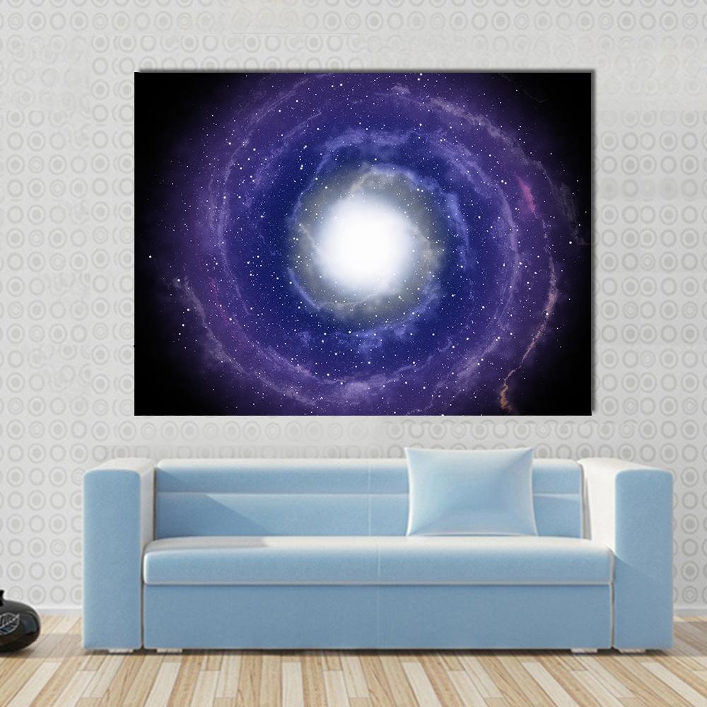 Deep Spiral Galaxy Canvas Wall Art in black, blue and purple, single panel hung on a wall