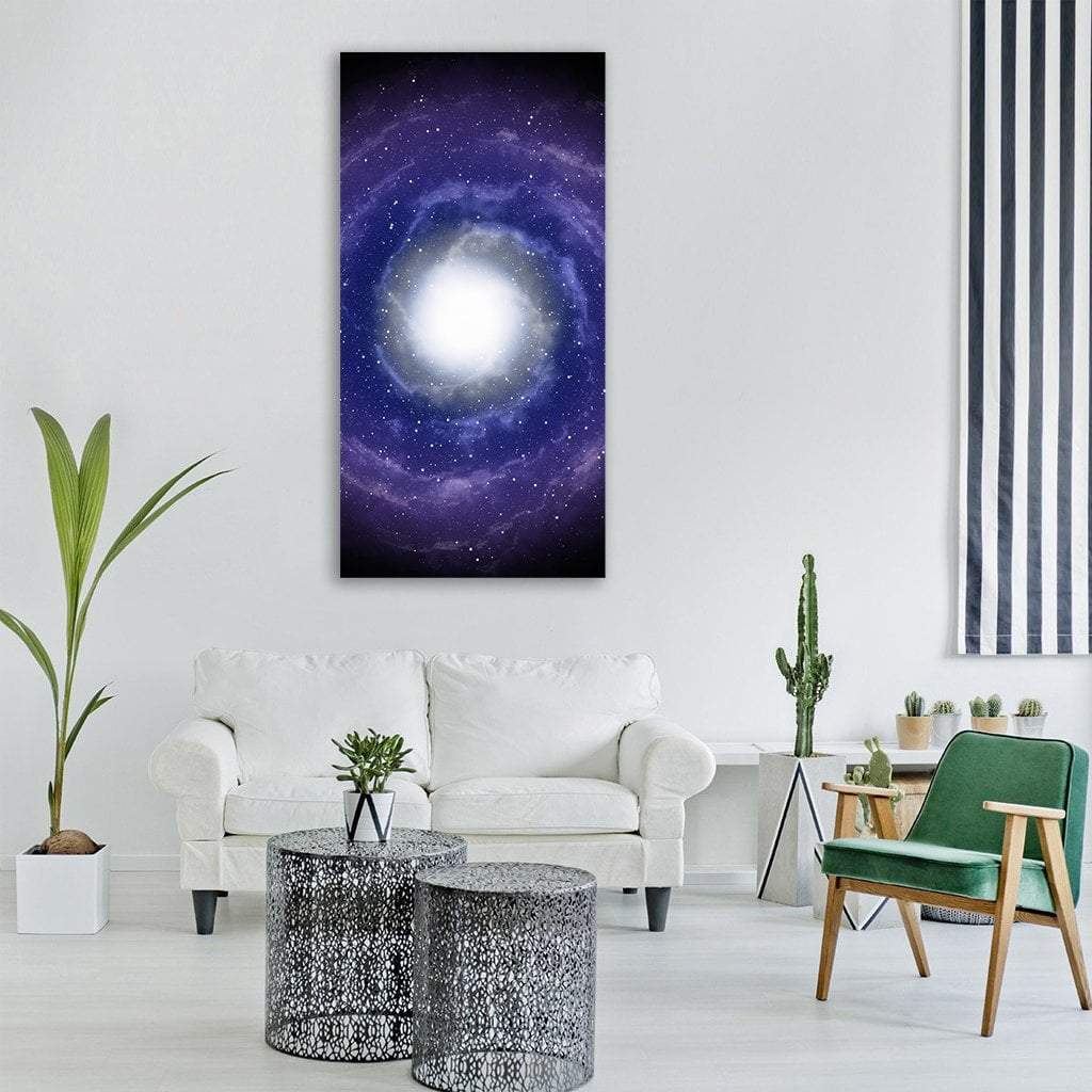 Deep Spiral Galaxy Vertical Canvas Wall Art in black, blue and purple, single vertical panel hung on a wall