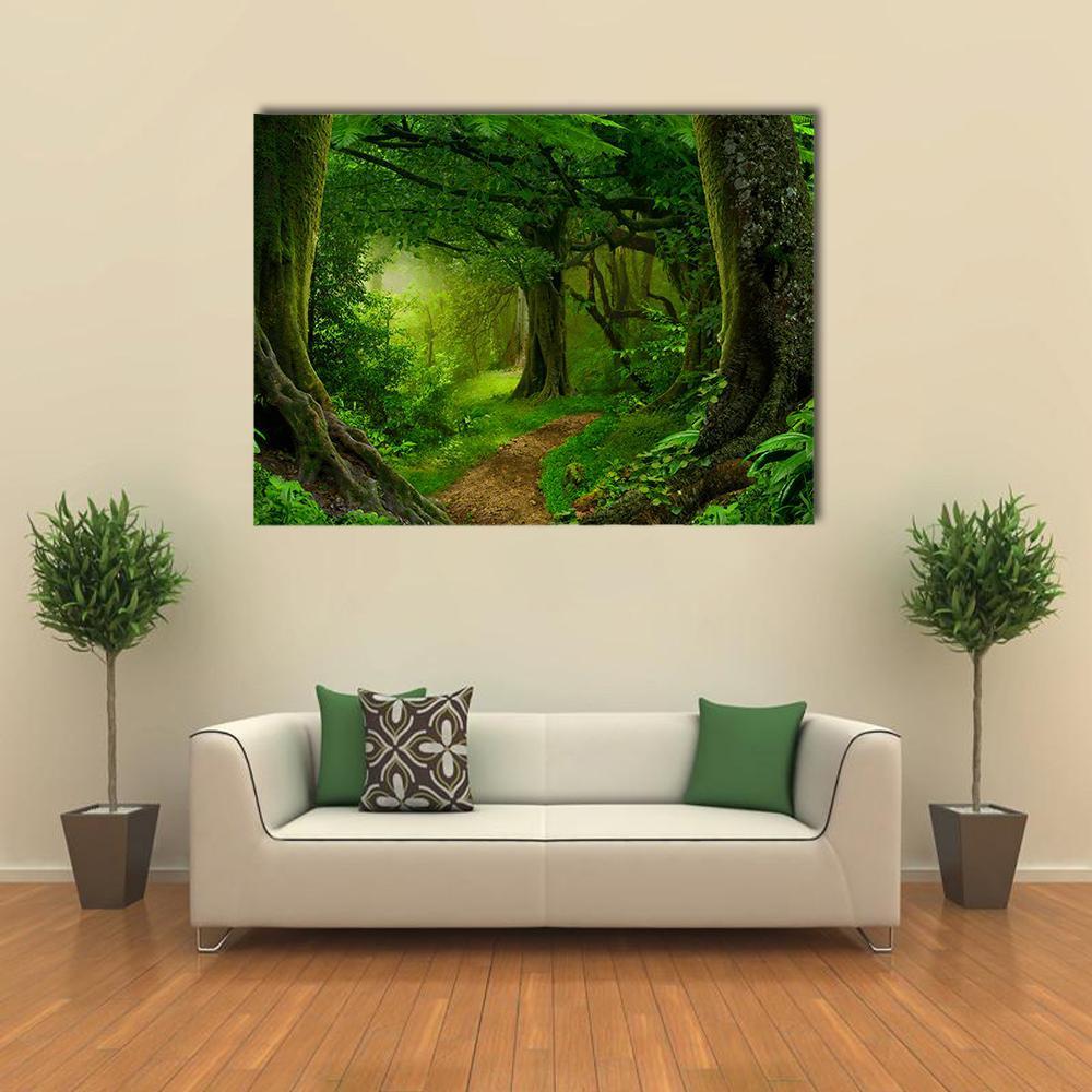 Deep Tropical Jungle Path Canvas Wall Art in brown and green, single panel hung on a wall