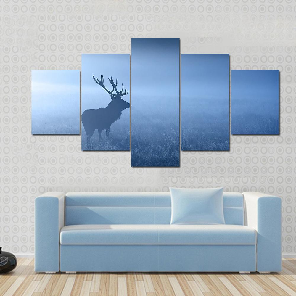 Deer In Fog Canvas Wall Art-5 Pop-Gallery Wrap-47" x 32"-Tiaracle