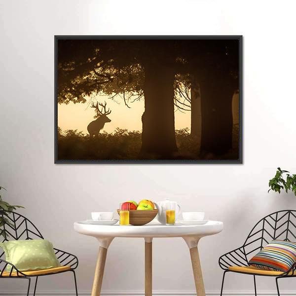 Deer Stag Silhouette Canvas Wall Art in black, brown and gold, framed canvas, product view on a white background