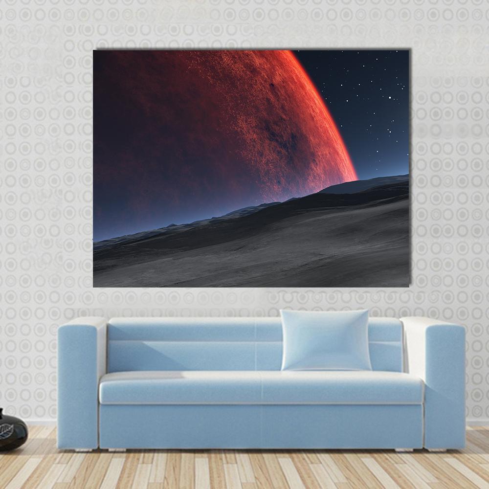 Deimos and Red Planet Canvas Wall Art in black, red and orange, single panel hung on a wall