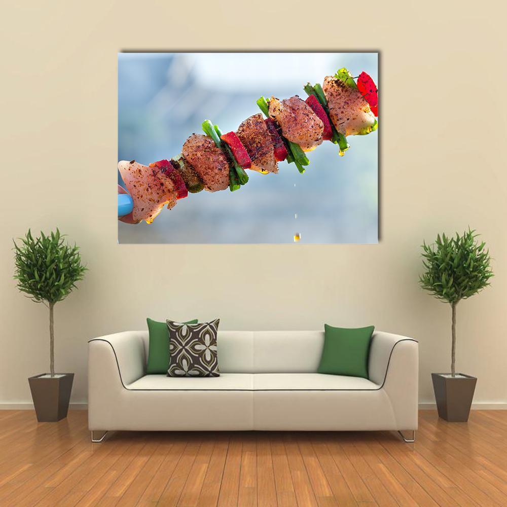 Grilled Chicken Skewer with Vegetables Canvas Wall Art in brown, green and blue, single panel hung on a wall
