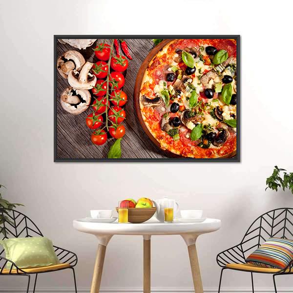 Fresh Pizza with Tomatoes and Basil Canvas Wall Art in brown, red and yellow, framed canvas, product view on a white background