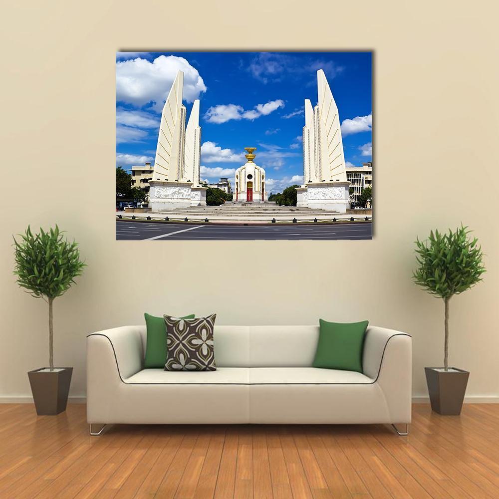 Democracy Monument Cityscape Canvas Wall Art in white and blue, single panel hung on a wall