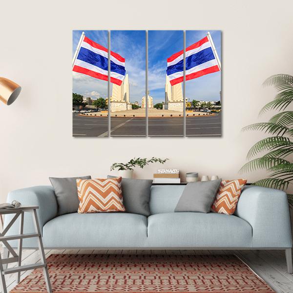 Democracy Monument With Thai Flag Canvas Wall Art-4 Horizontal-Gallery Wrap-34" x 24"-Tiaracle
