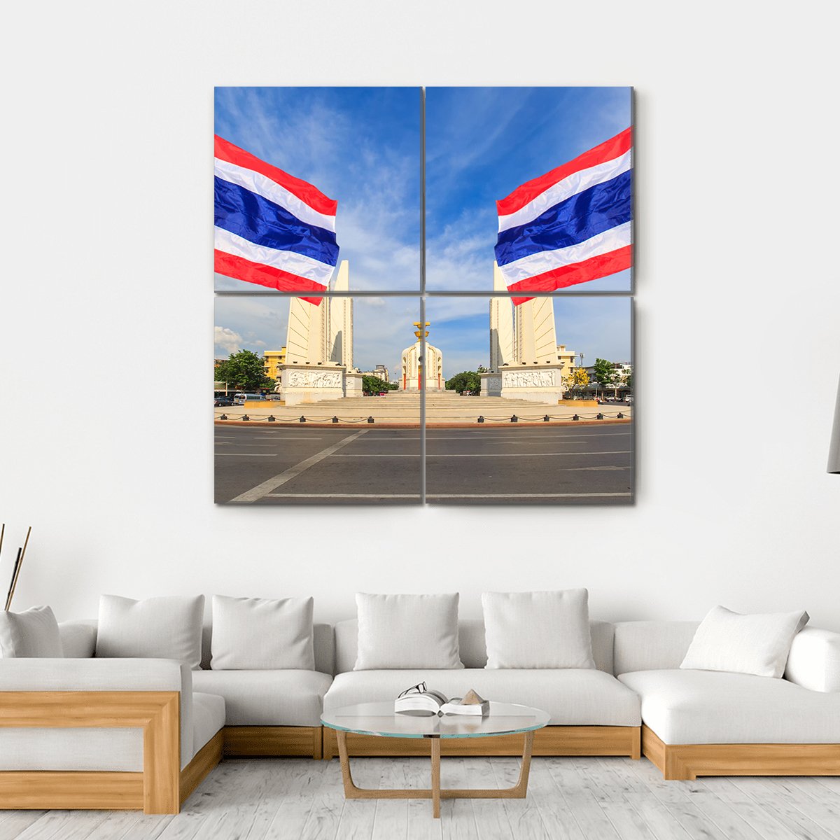 Democracy Monument With Thai Flag Canvas Wall Art-4 Square-Gallery Wrap-17" x 17"-Tiaracle