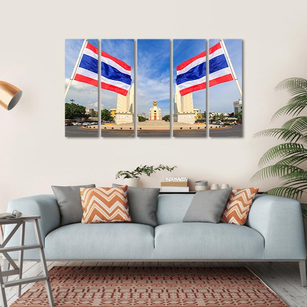 Democracy Monument With Thai Flag Canvas Wall Art-5 Horizontal-Gallery Wrap-22" x 12"-Tiaracle