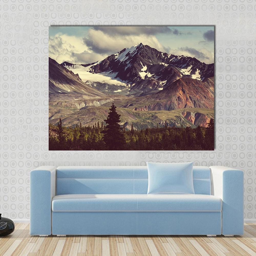 Denali Mountain Alaska Canvas Wall Art in gray, brown and blue, single panel hung on a wall