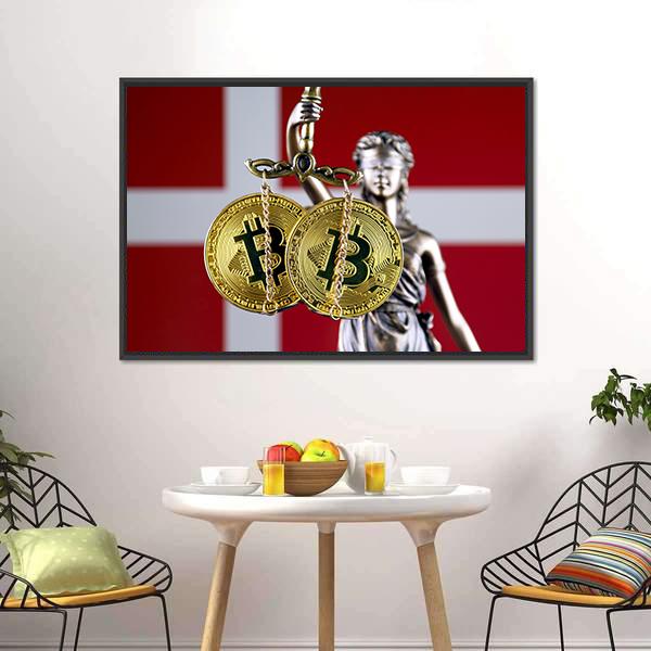 Denmark Flag With Bitcoin Canvas Wall Art-1 Piece-Floating Frame-24" x 16"-Tiaracle