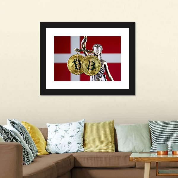 Denmark Flag With Bitcoin Canvas Wall Art-1 Piece-Framed Print-20" x 16"-Tiaracle