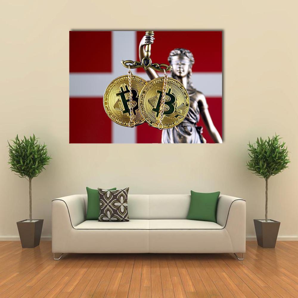 Lady Justice with Bitcoin and Denmark Flag Canvas Wall Art in white, gold and red, single panel hung on a wall