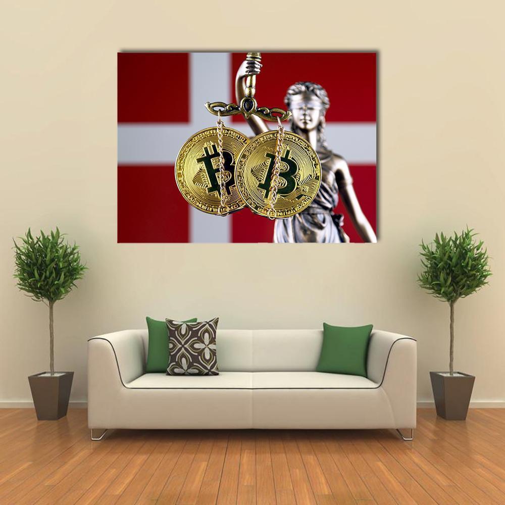 Denmark Flag With Bitcoin Canvas Wall Art-4 Horizontal-Gallery Wrap-34" x 24"-Tiaracle