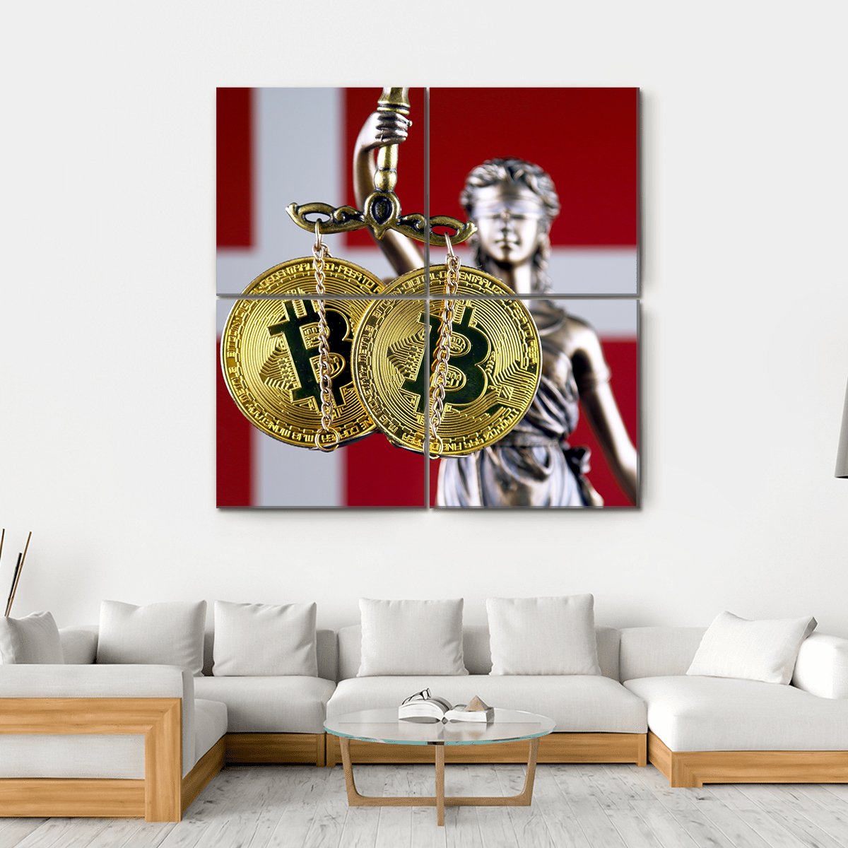 Lady Justice with Bitcoin and Denmark Flag Canvas Wall Art in white, gold and red, hung on a wall