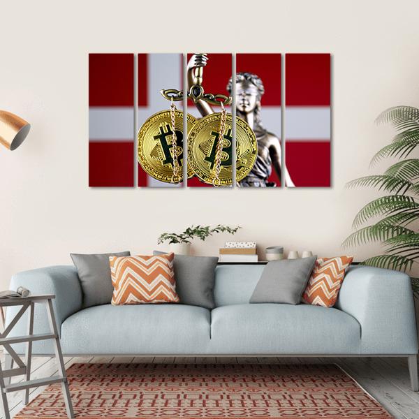Lady Justice with Bitcoin and Denmark Flag Canvas Wall Art in white, gold and red, hung on a wall