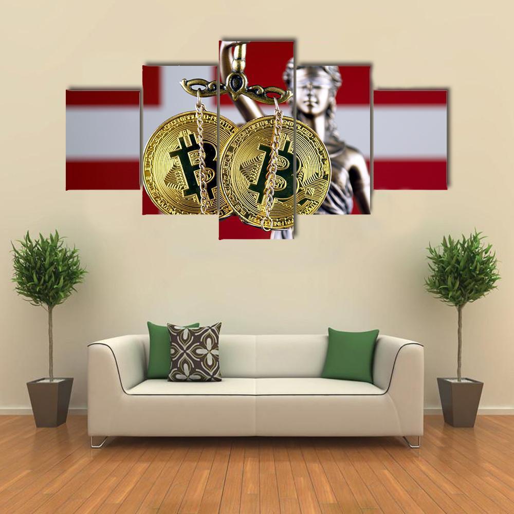 Denmark Flag With Bitcoin Canvas Wall Art-5 Star-Gallery Wrap-62" x 32"-Tiaracle