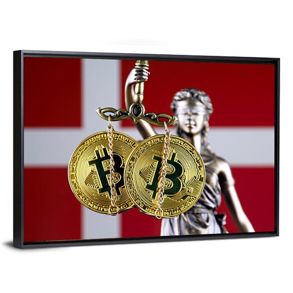 Denmark Flag With Bitcoin Canvas Wall Art-3 Horizontal-Gallery Wrap-25" x 16"-Tiaracle