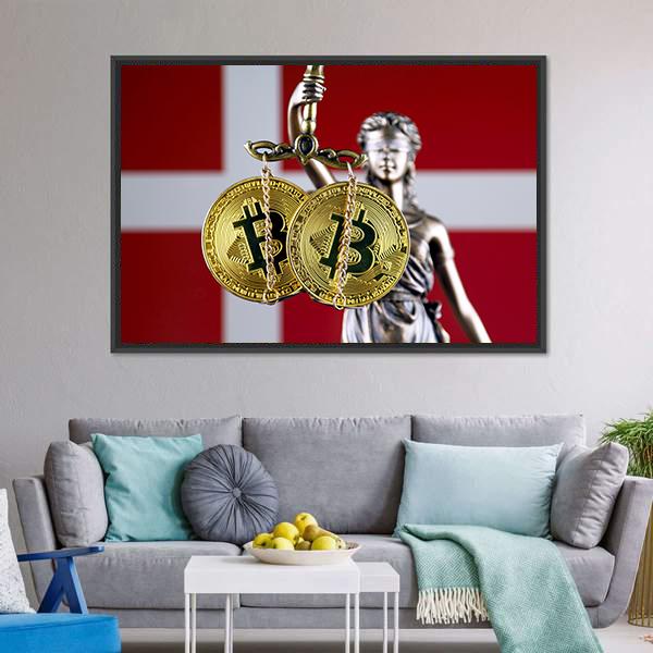 Denmark Flag With Bitcoin Canvas Wall Art-3 Horizontal-Gallery Wrap-25" x 16"-Tiaracle