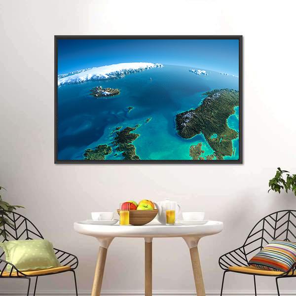 Satellite View of Denmark Canvas Wall Art in green and blue, framed canvas, product view on a white background