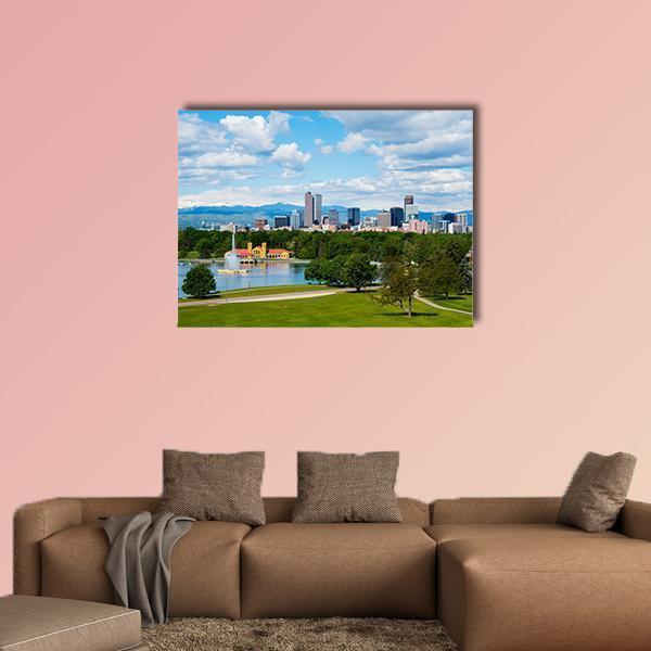 Downtown Denver Skyline Over Lake Canvas Wall Art in white, green and blue, single panel hung on a wall