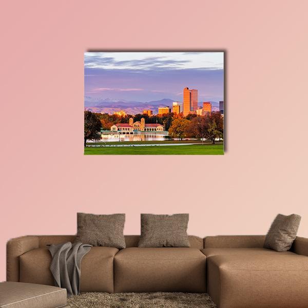 Denver Skyline at Sunset Canvas Wall Art in orange, blue and purple, single panel hung on a wall