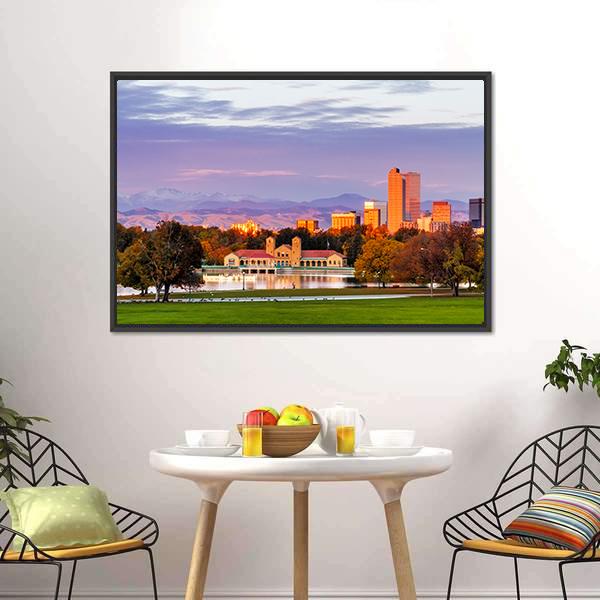 Denver Skyline at Sunset Canvas Wall Art in orange, blue and purple, framed canvas, product view on a white background