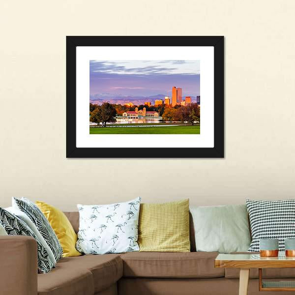 Denver Skyline at Sunset Canvas Wall Art in orange, blue and purple, framed print, product view on a white background