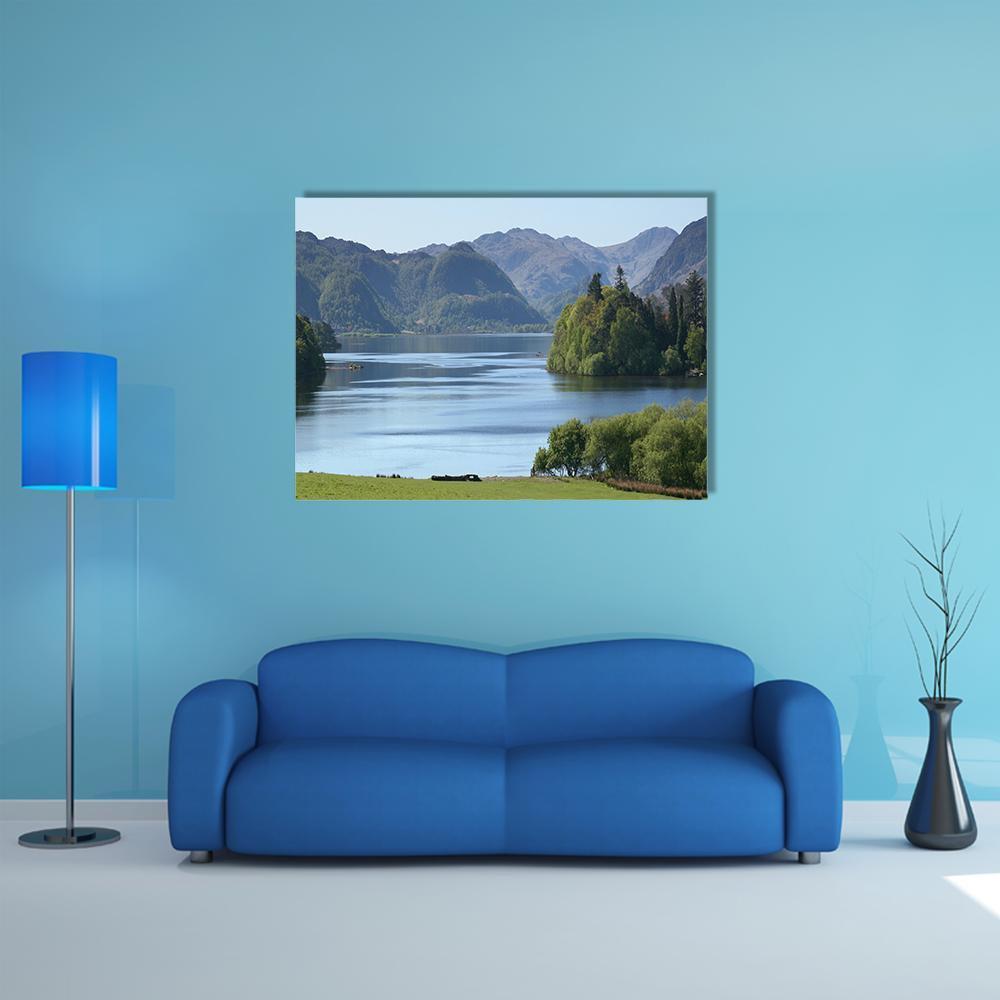 Derwent Water Lake Uk Canvas Wall Art in green and blue, single panel hung on a wall