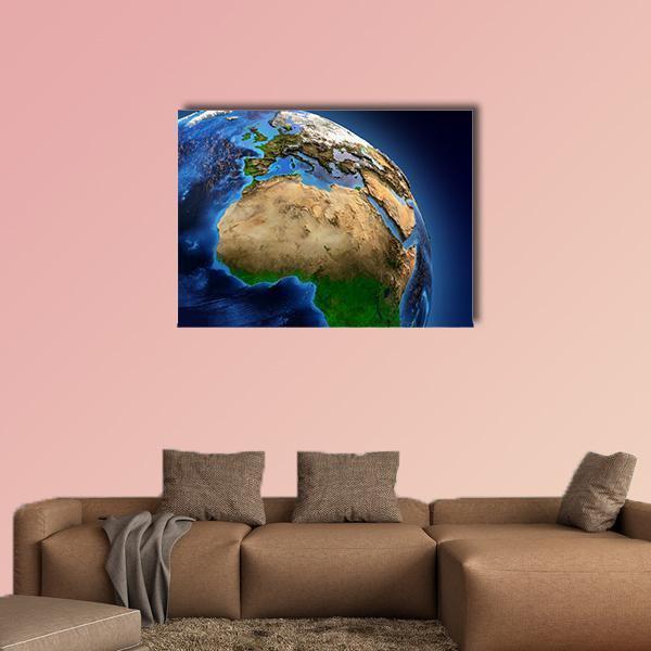 Satellite View of Earth with Topographic Relief Canvas Wall Art in brown, green and blue, single panel hung on a wall