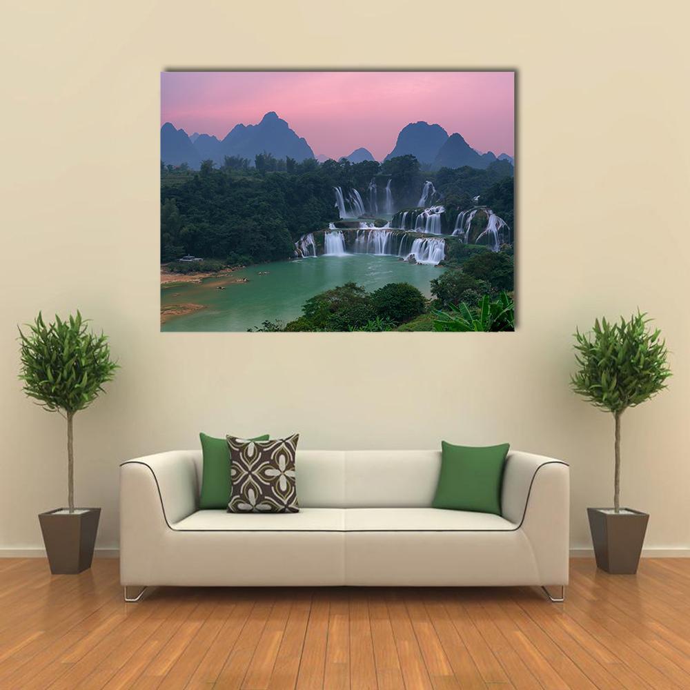 Detian Waterfall At Sunset Canvas Wall Art-4 Horizontal-Gallery Wrap-34" x 24"-Tiaracle