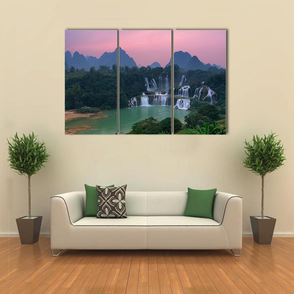 Detian Waterfall At Sunset Canvas Wall Art-3 Horizontal-Gallery Wrap-37" x 24"-Tiaracle