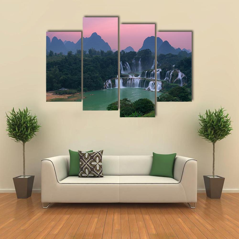 Detian Waterfall At Sunset Canvas Wall Art-4 Pop-Gallery Wrap-50" x 32"-Tiaracle
