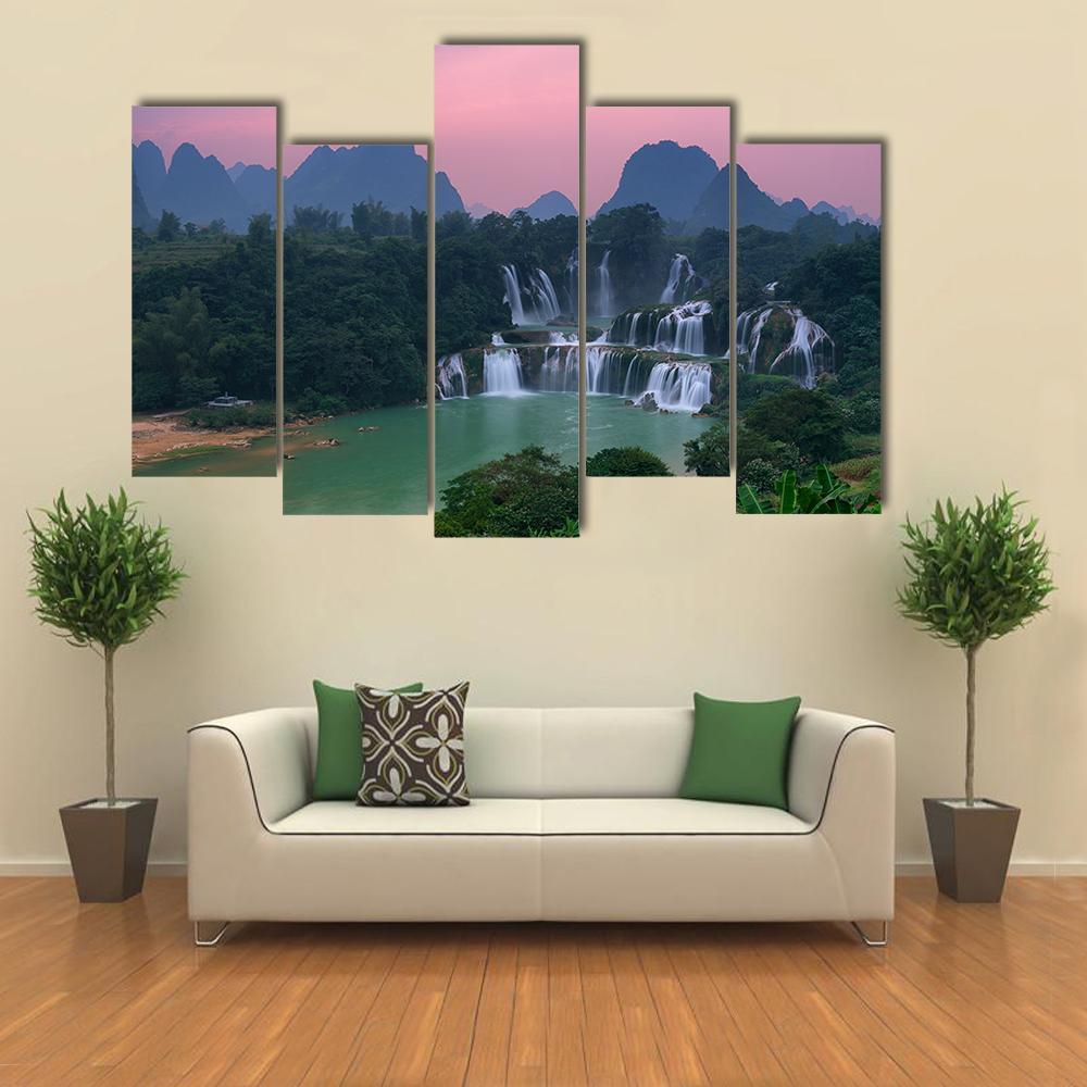 Detian Waterfall At Sunset Canvas Wall Art-5 Pop-Gallery Wrap-47" x 32"-Tiaracle