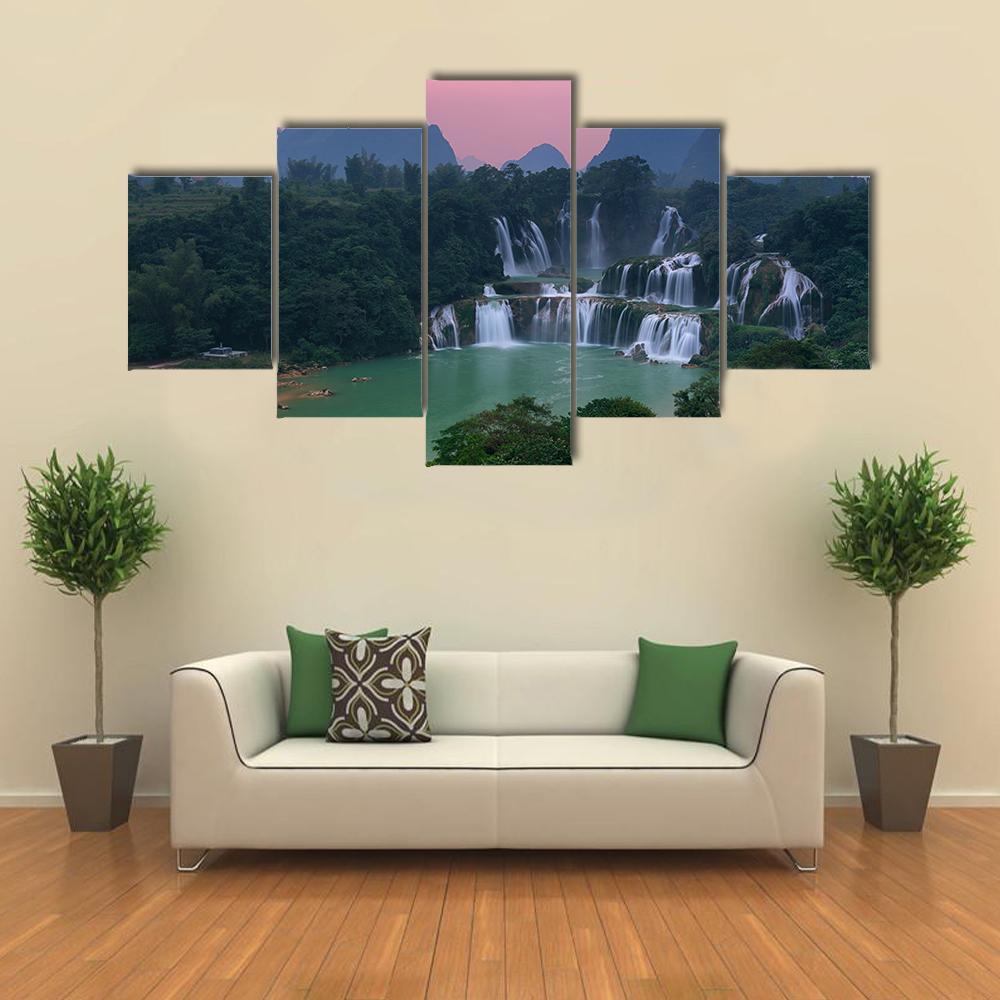Detian Waterfall At Sunset Canvas Wall Art-5 Star-Gallery Wrap-62" x 32"-Tiaracle