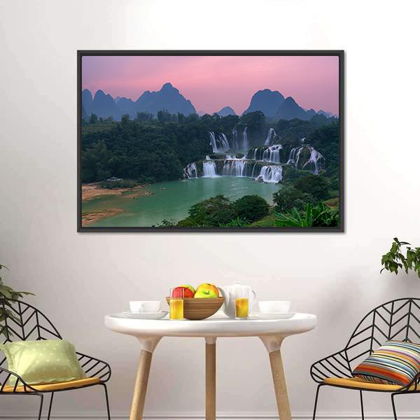 Detian Waterfall At Sunset Canvas Wall Art-1 Piece-Floating Frame-24" x 16"-Tiaracle