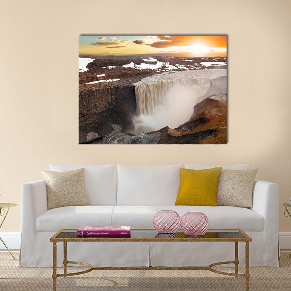 Majestic Dettifoss Waterfall in Iceland Canvas Wall Art in white, brown and orange, single panel hung on a wall