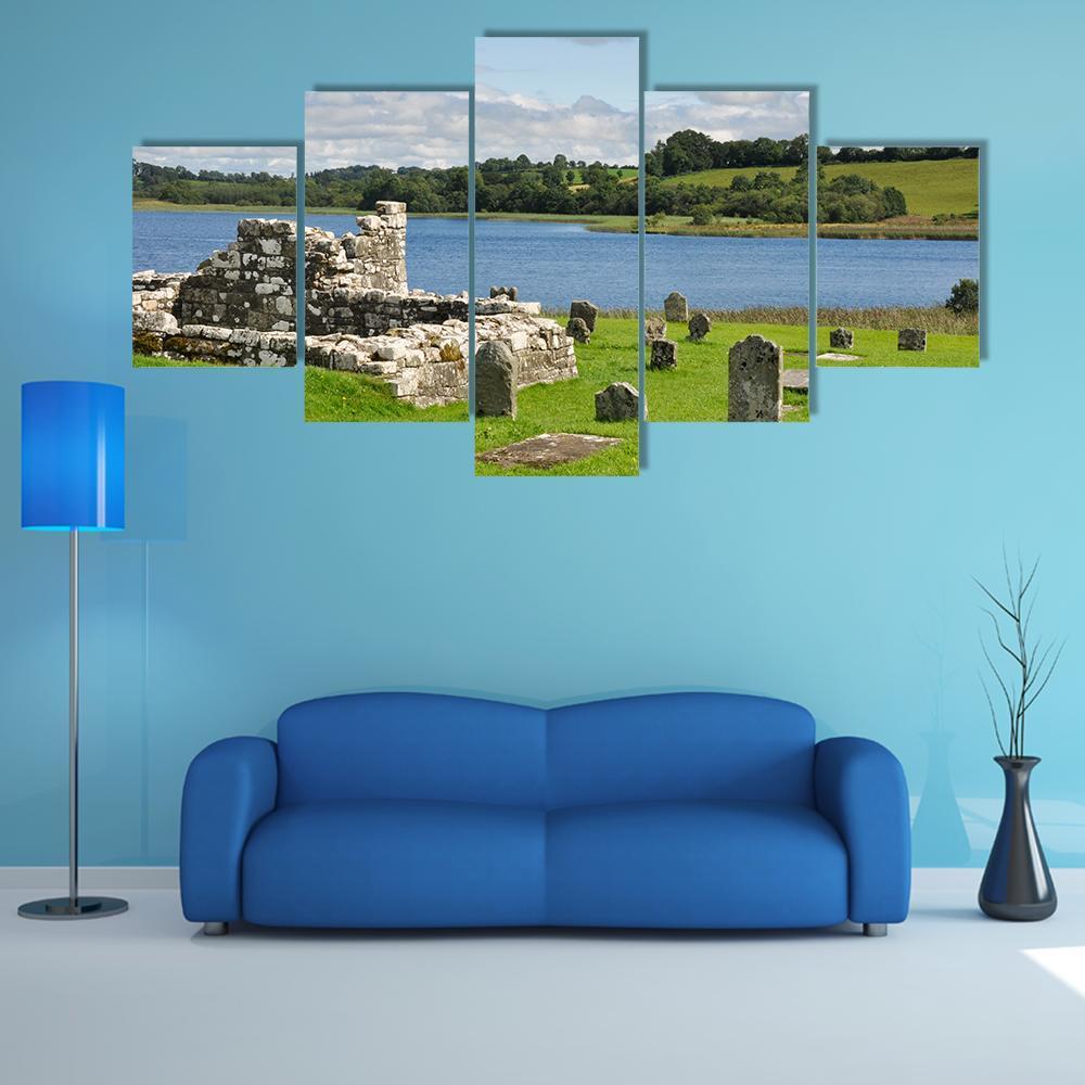 Devenish Island Lakeside Ruins Canvas Wall Art in gray, green and blue, 5 panel Star layout hung on a wall