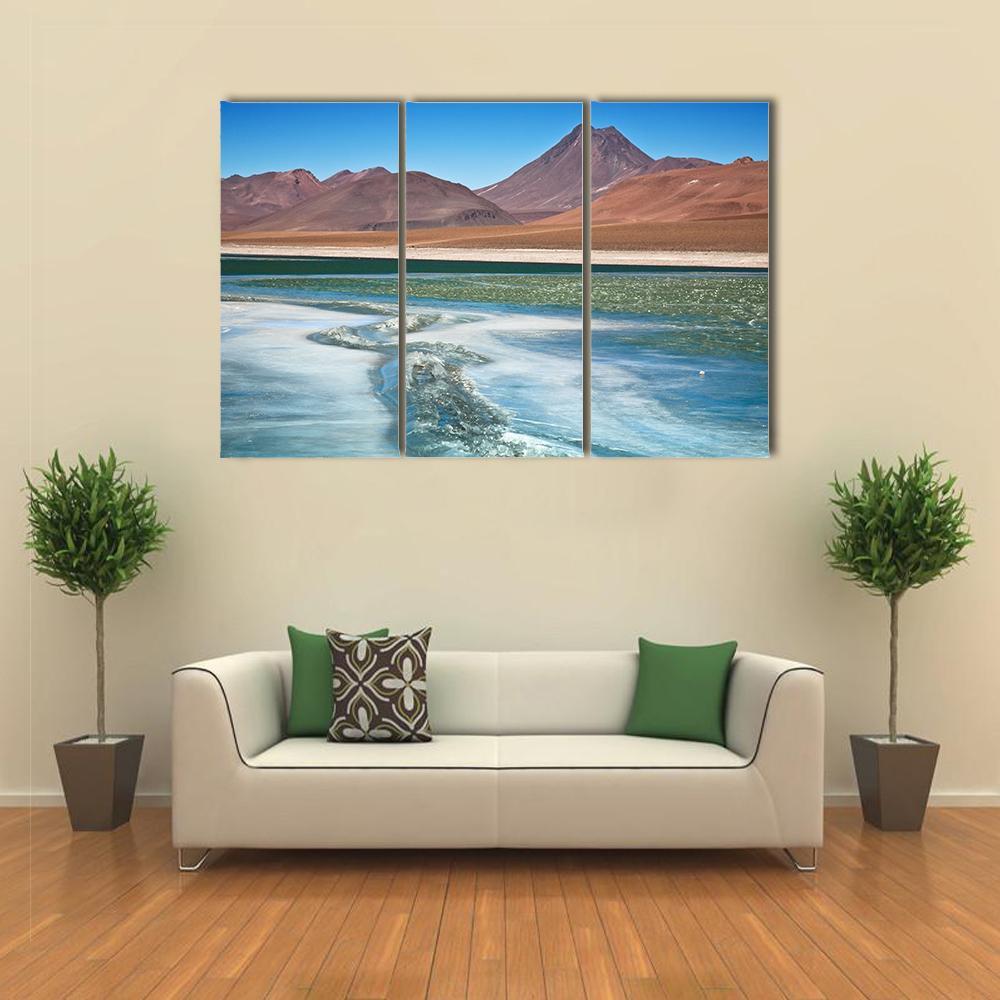 Diamond Lagoon with Crystal Ice Formations Canvas Wall Art in white, brown and blue, 3 panel horizontal set hung on a wall