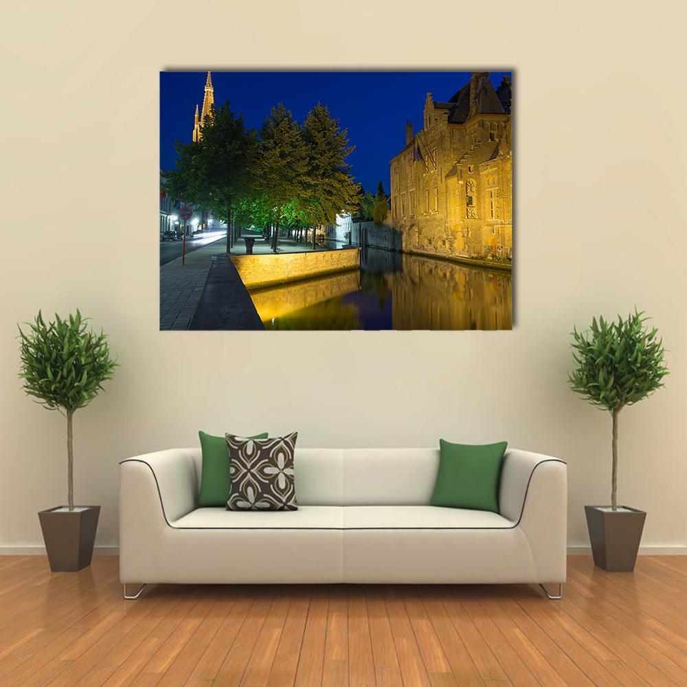 Dijver Canal &amp; Church Canvas Wall Art-1 Piece-Gallery Wrap-48" x 32"-Tiaracle